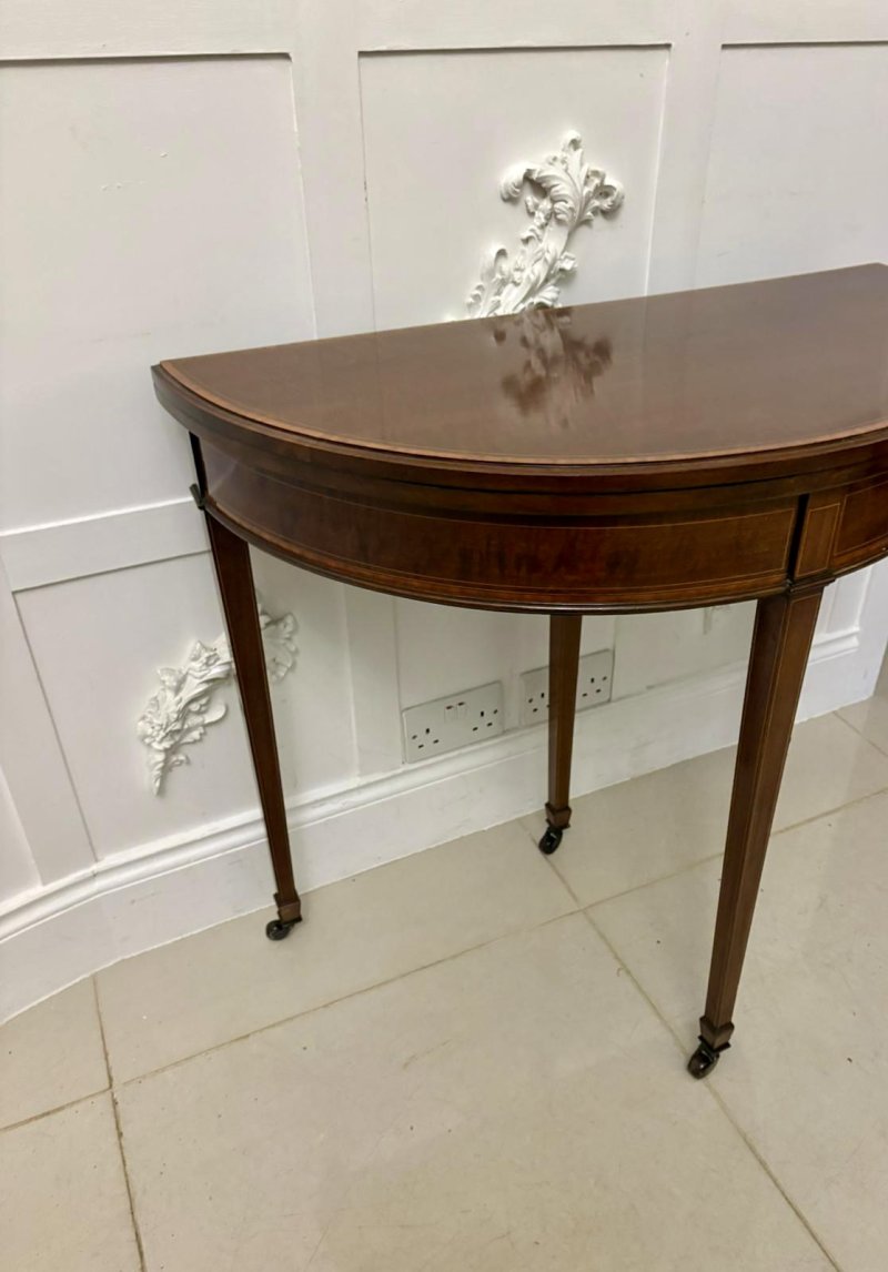 Elegant Late Victorian Antique Mahogany and Satinwood Inlaid  Demi-Lune Card/Console Table